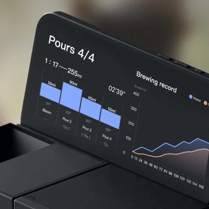 Midnight Black XBloom Studio Coffee Machine Digital display showing brewing records and measurements on a blurred background