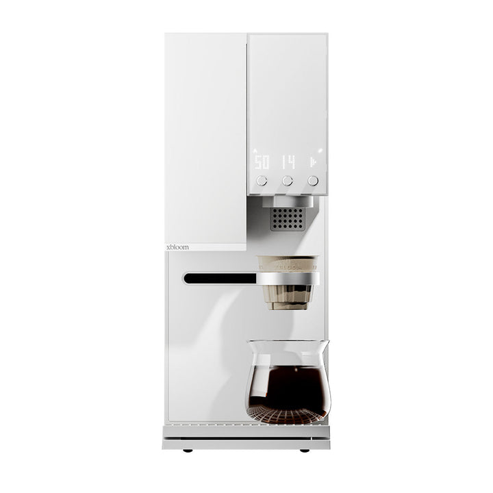 Moonlight White XBloom Studio Coffee Machine with a glass carafe on a white background