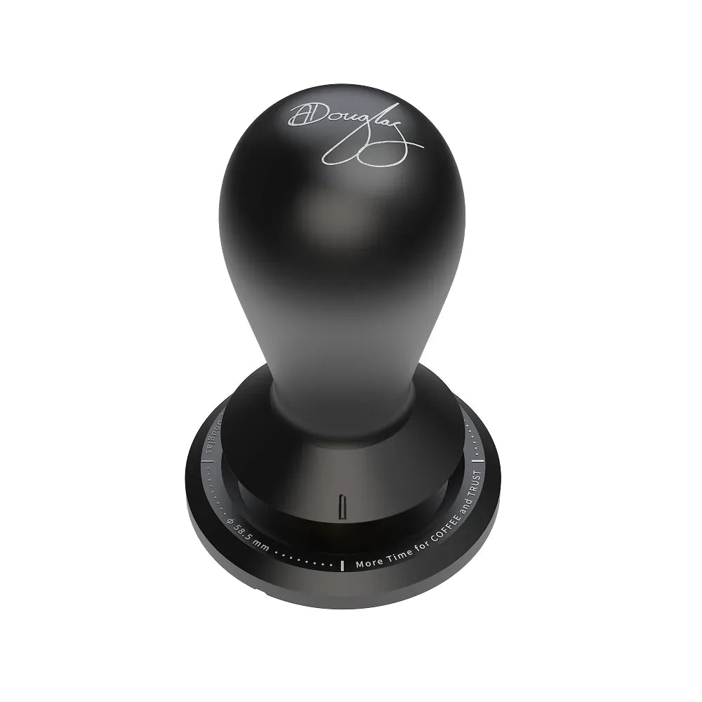 TIMEMORE x Anthony Douglas FLOW self-leveling espresso tamper, front view showing the 58.5mm base and signature engraving
