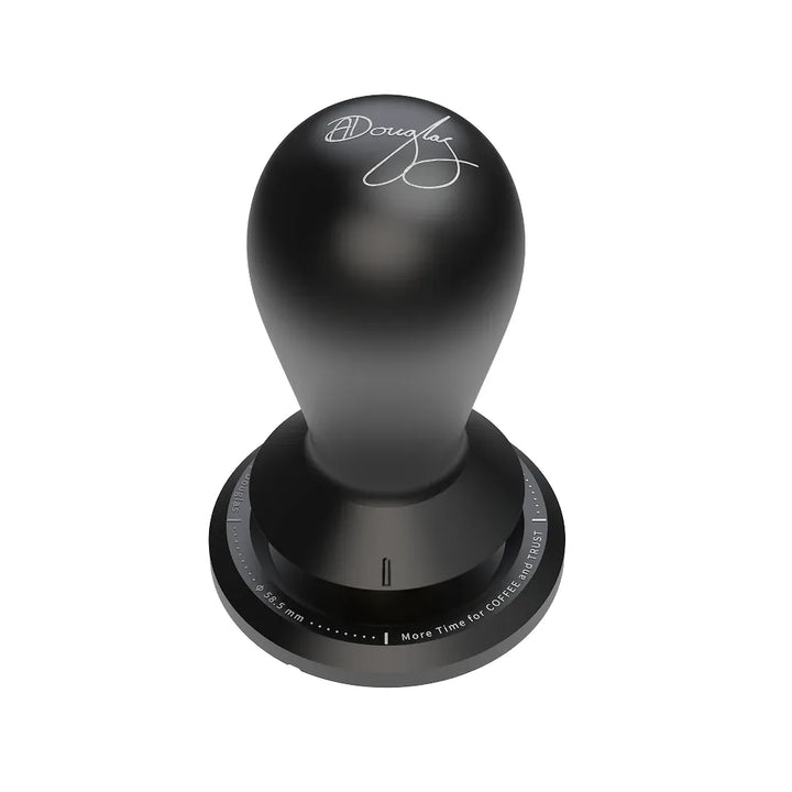 TIMEMORE x Anthony Douglas FLOW self-leveling espresso tamper, front view showing the 58.5mm base and signature engraving