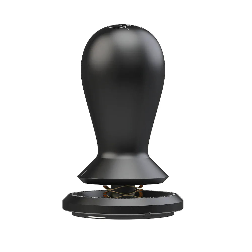 Angled view of the TIMEMORE FLOW self-leveling tamper showing the wave spring collar above the 58.5mm DLC-coated base