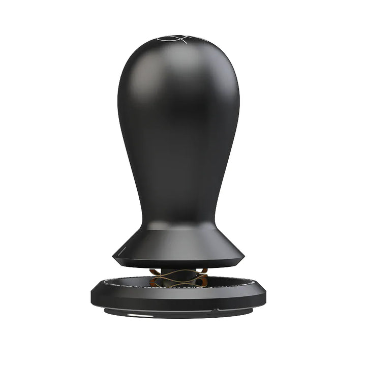 Angled view of the TIMEMORE FLOW self-leveling tamper showing the wave spring collar above the 58.5mm DLC-coated base