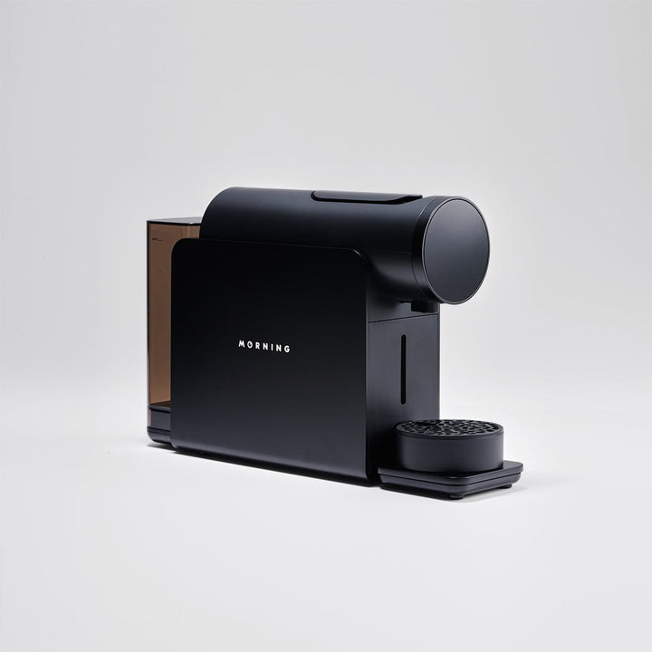 Morning Machine — smart capsule coffee machine in black, angled view
