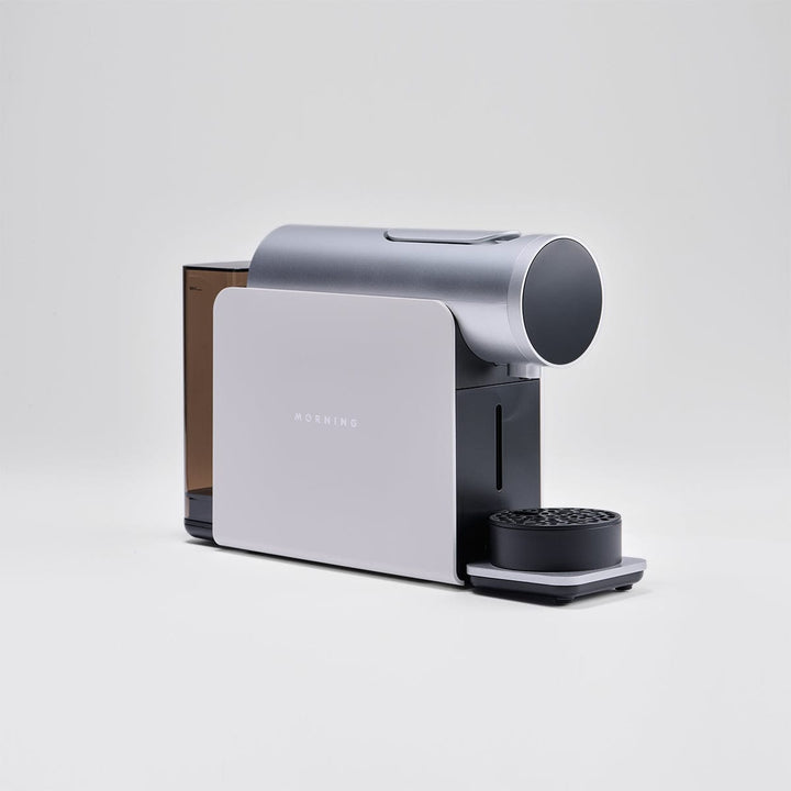 Morning Machine — smart capsule coffee machine in white, angled view