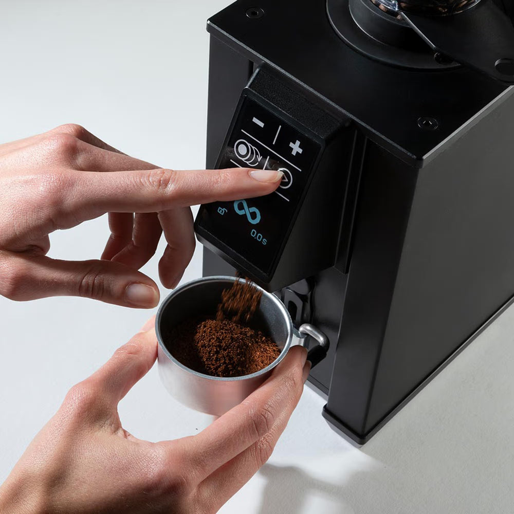 Macap Leo 55 Essential Electric Coffee Grinder Anodised Black — angled view
