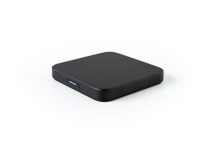 Acaia Umbra Lunar from above, showing its flat square top and USB-C charging port