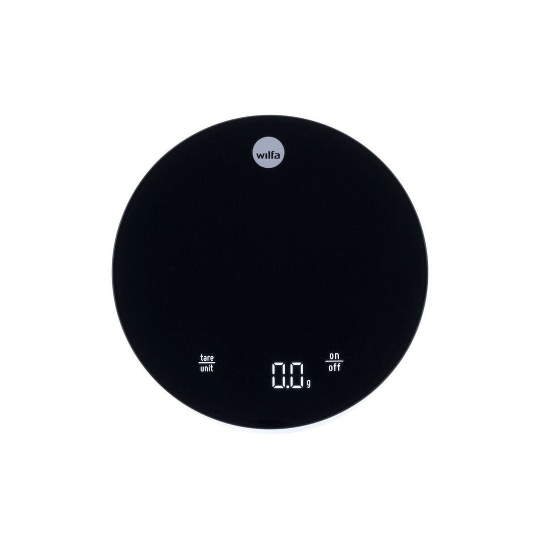 Black Wilfa Uniform Coffee and Kitchen Scale with digital display on a white background