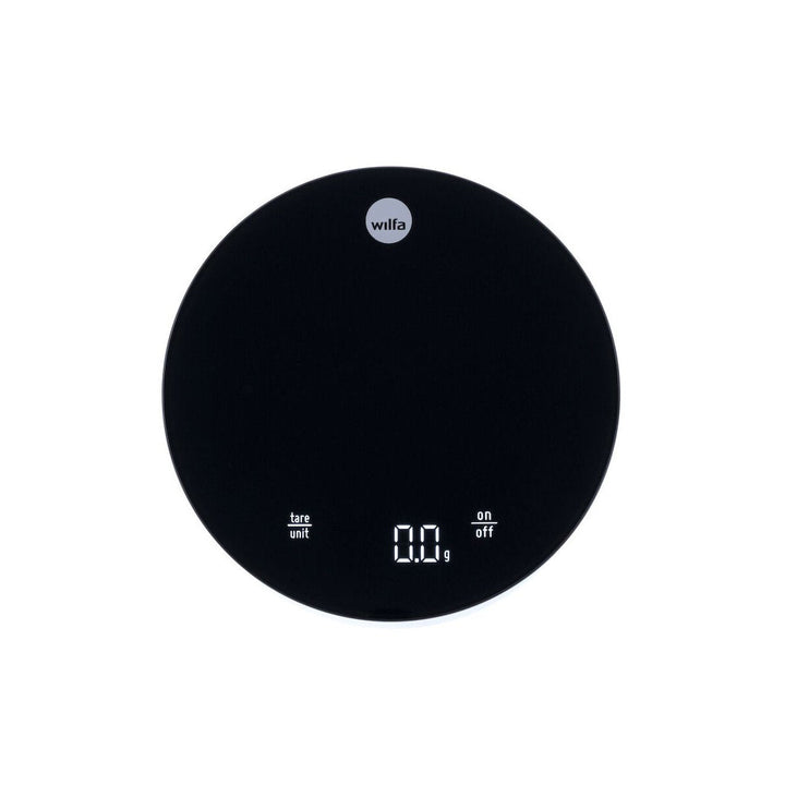 Black Wilfa Uniform Coffee and Kitchen Scale with digital display on a white background