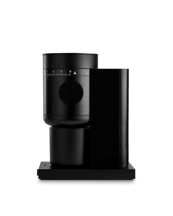 Fellow Opus 2 grinder in Black shown from the front with its magnetic catch cup