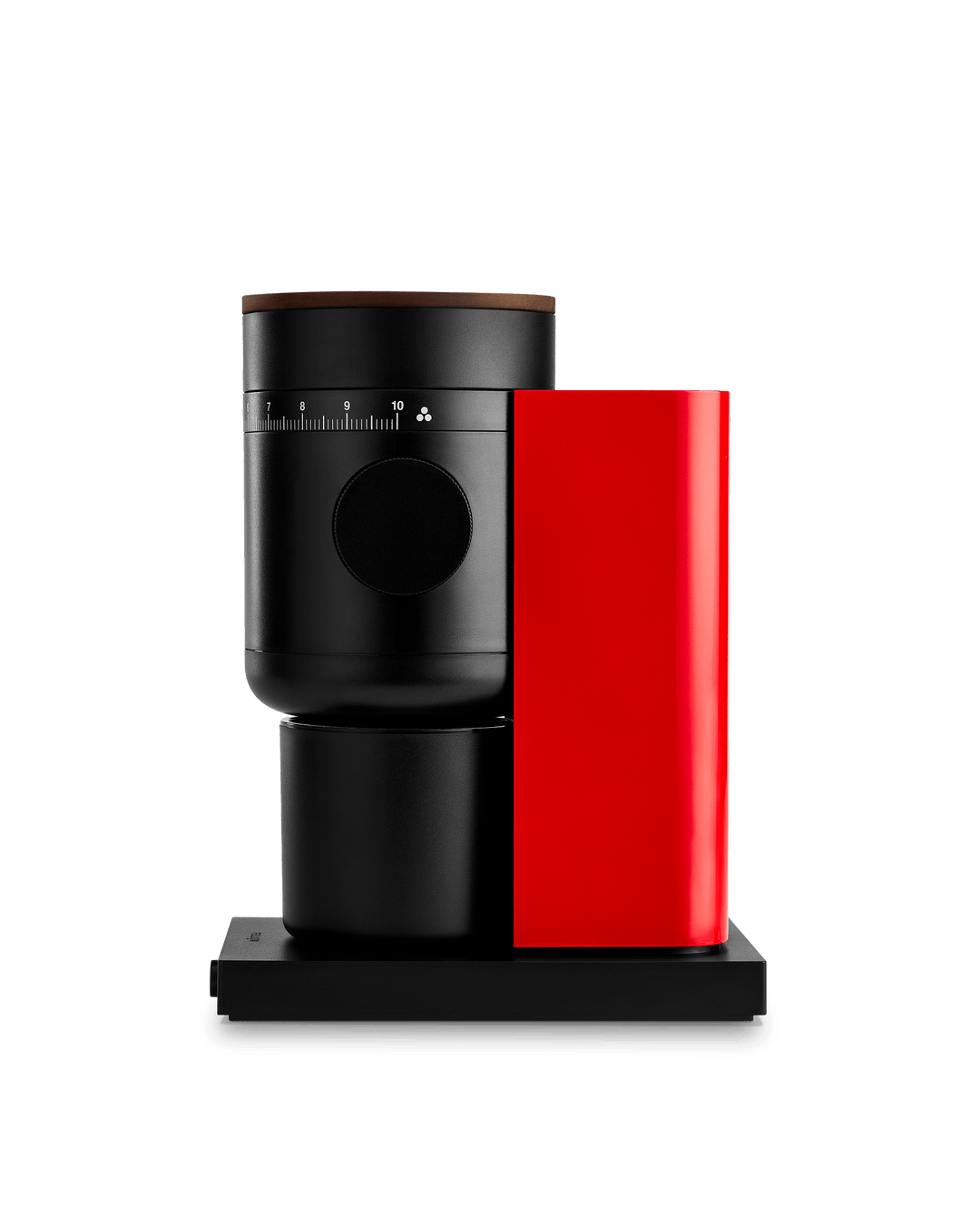 Fellow Opus 2 grinder in Cherry Red and walnut shown from the front