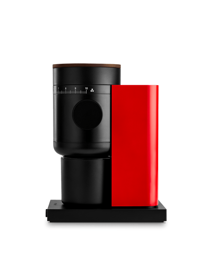 Fellow Opus 2 grinder in Cherry Red and walnut shown from the front