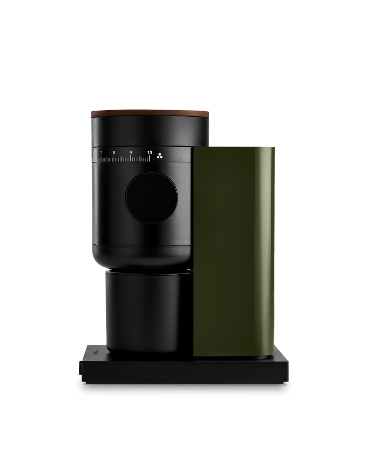 Fellow Opus 2 grinder in Woodland and walnut shown from the front