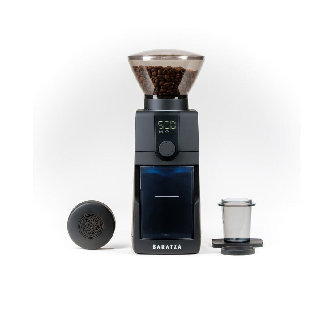 Baratza Encore ESP Pro Electric Coffee Grinder components with coffee beans in the hopper on a white background