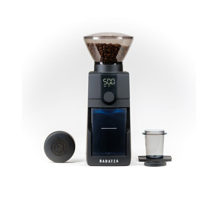Baratza Encore ESP Pro Electric Coffee Grinder components with coffee beans in the hopper on a white background