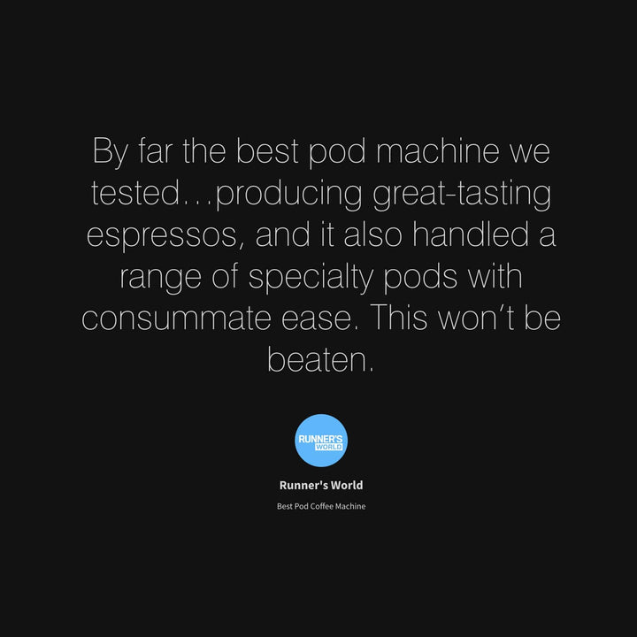 Text praising an OPAL One Coffee Pod Machine for producing great-tasting espressos and handling specialty pods, with Runner's World logo.