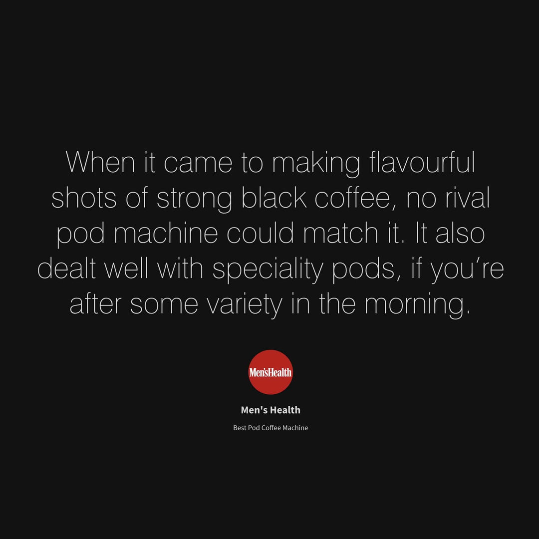 Text on a black background praising an OPAL One Coffee Pod Machine for making strong black coffee and specialty pods.