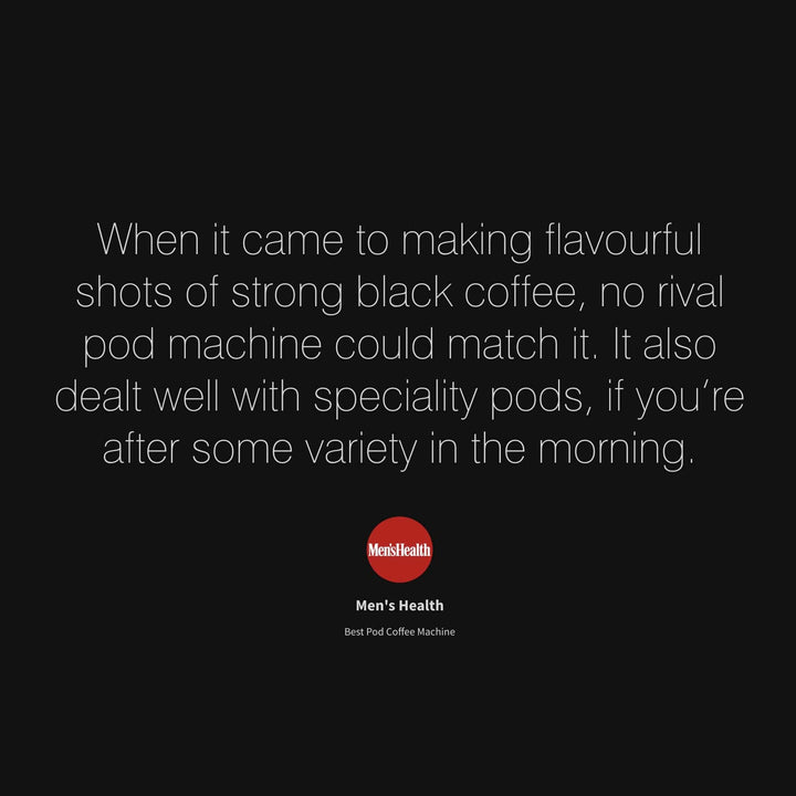 Text on a black background praising an OPAL One Coffee Pod Machine for making strong black coffee and specialty pods.