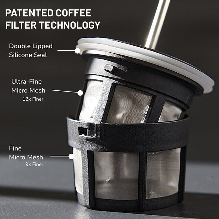 Brushed ESPRO P7 18oz French Press Coffee Maker filter with labelled components on a dark background