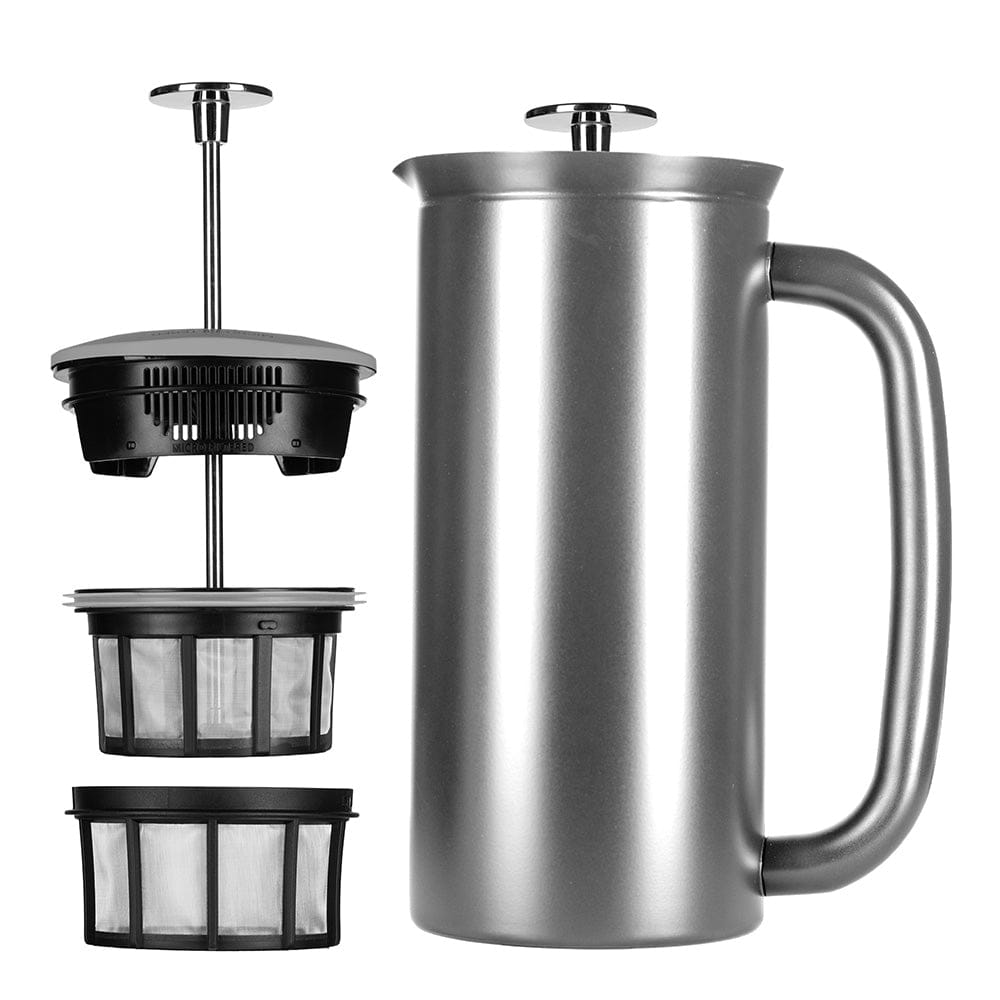 Brushed ESPRO P7 French Press Coffee Maker with three filter baskets on a white background
