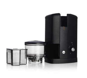 Wilfa Svart Aroma Precision Coffee Grinder in Black with clear carafe on a white background