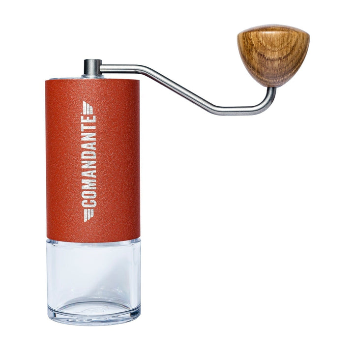Comandante C40 Nitro Blade Coffee Grinder MK4 in Sunset with wooden handle and 'Comandante' branding on a white background