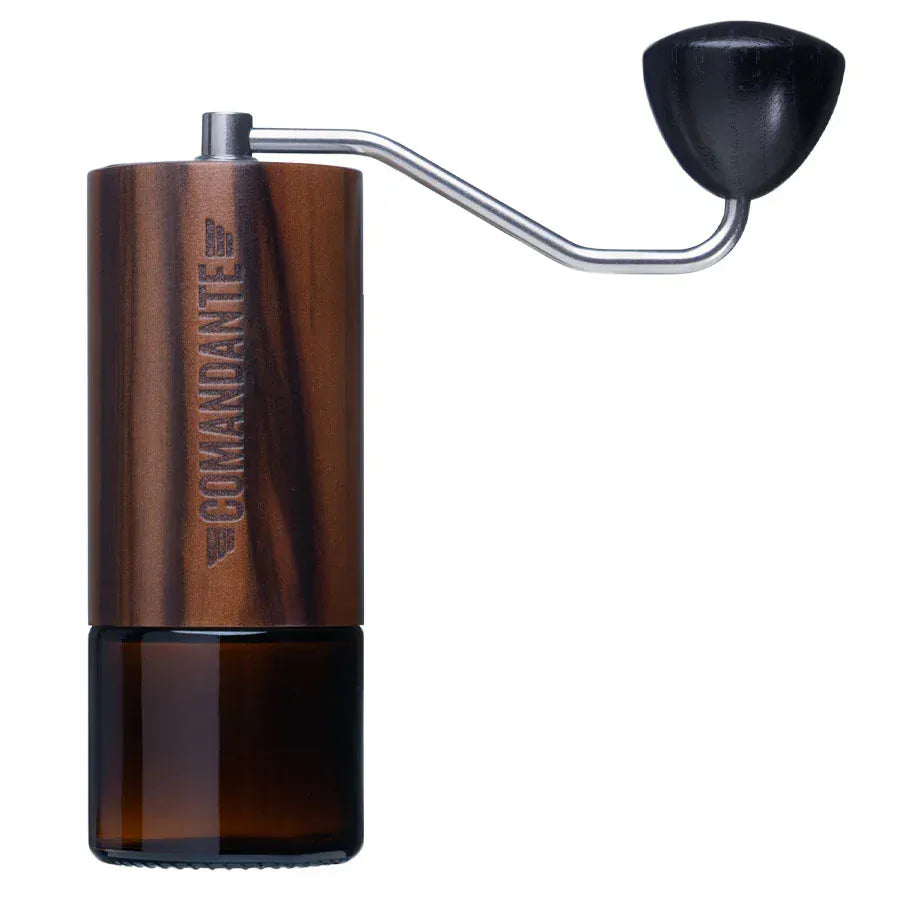 Comandante C40 Nitro Blade Coffee Grinder MK4 in Liquid Amber with wooden body and black accents on a white background