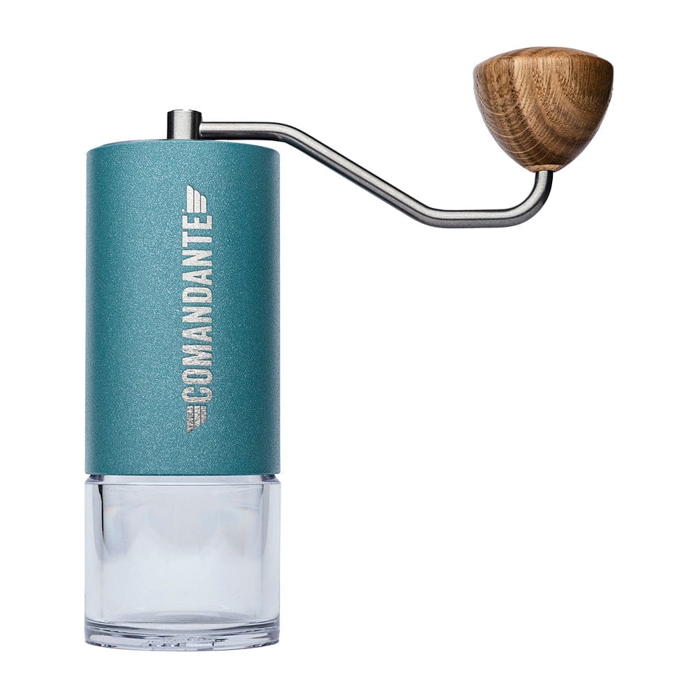 Comandante C40 Nitro Blade Coffee Grinder MK4 in Alpine Lagoon with wooden handle on a white background