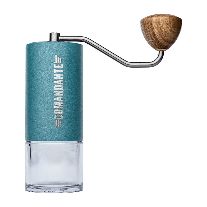 Comandante C40 Nitro Blade Coffee Grinder MK4 in Alpine Lagoon with wooden handle on a white background