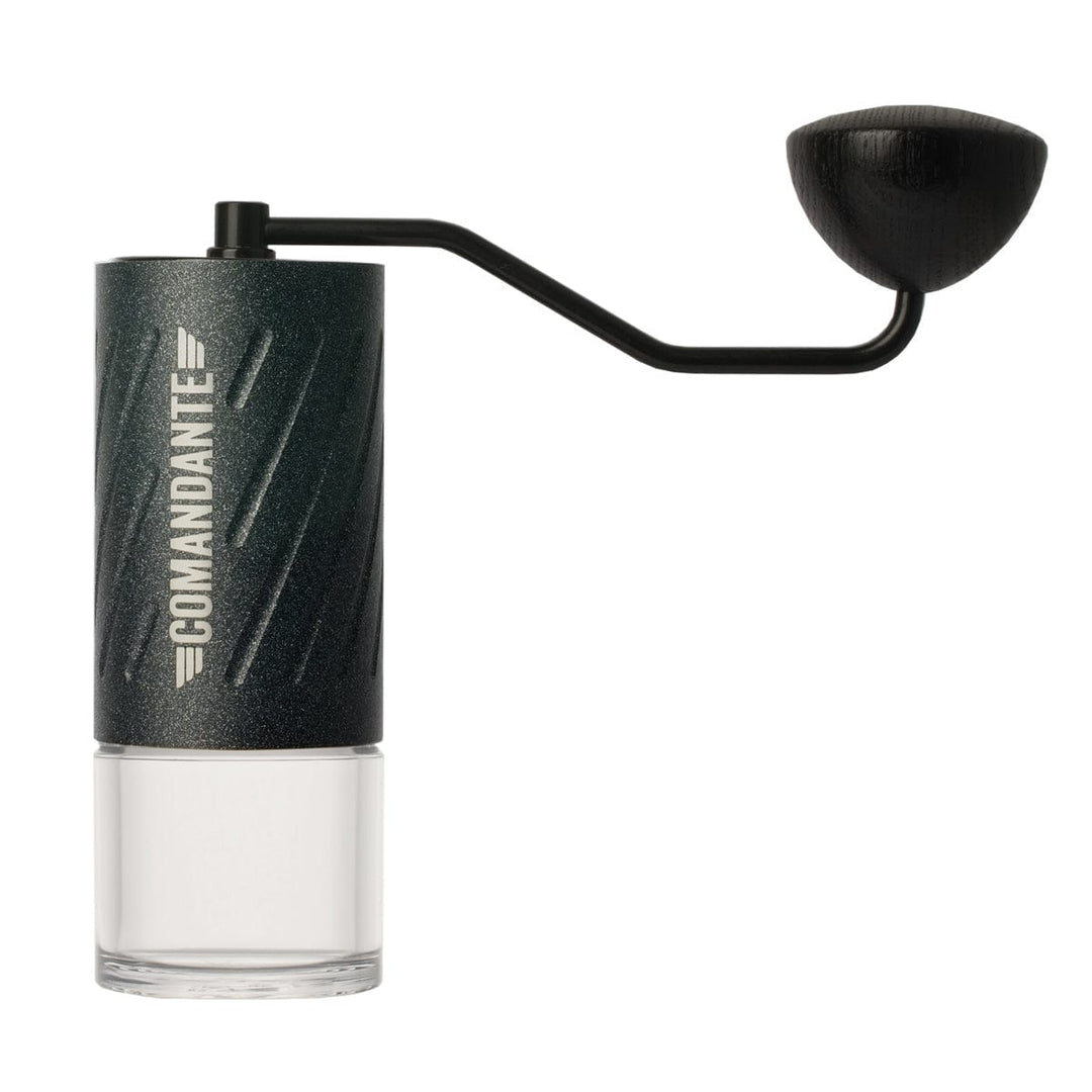 Comandante C60 Baracuda Coffee Grinder in Nautilus Blue with 'Comandante' branding on a white background