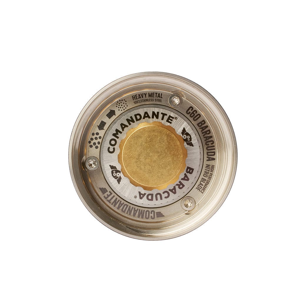 Underside view of Comandante C60 Baracuda Coffee Grinder in Nautilus Bluewith 'Comandante' branding on a white background