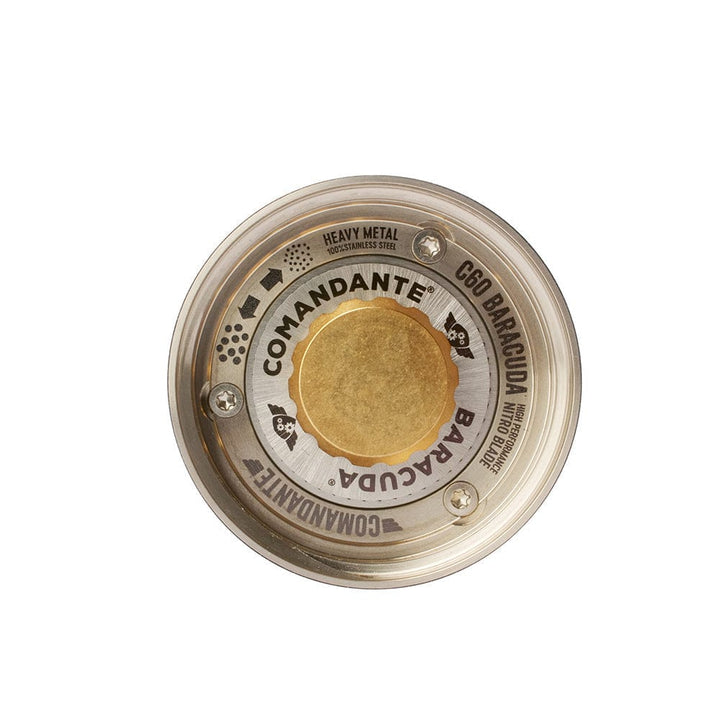 Underside view of Comandante C60 Baracuda Coffee Grinder in Nautilus Bluewith 'Comandante' branding on a white background