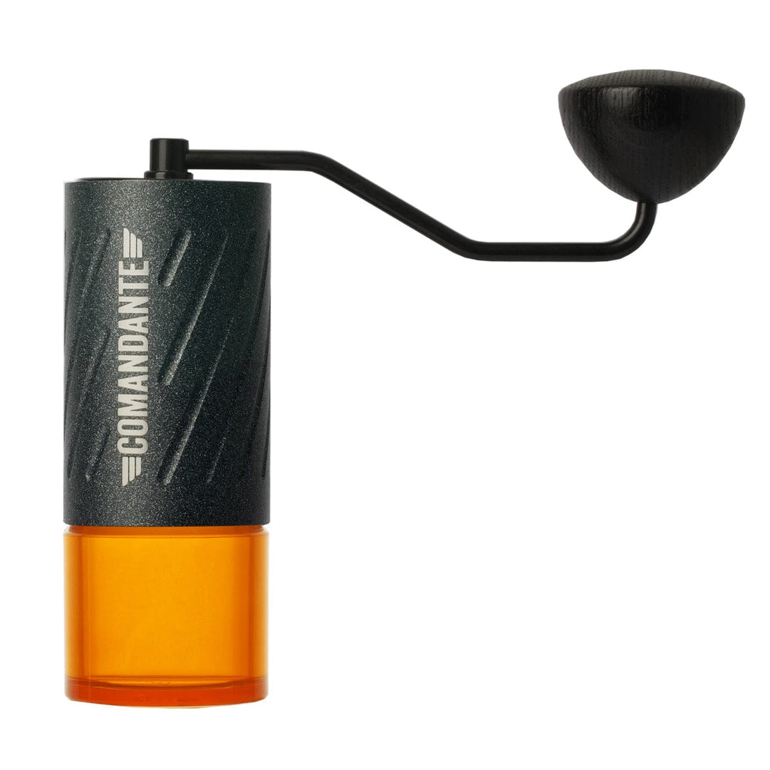 Comandante C60 Baracuda Coffee Grinder in Nautilus Blue with orange bottom on a white background