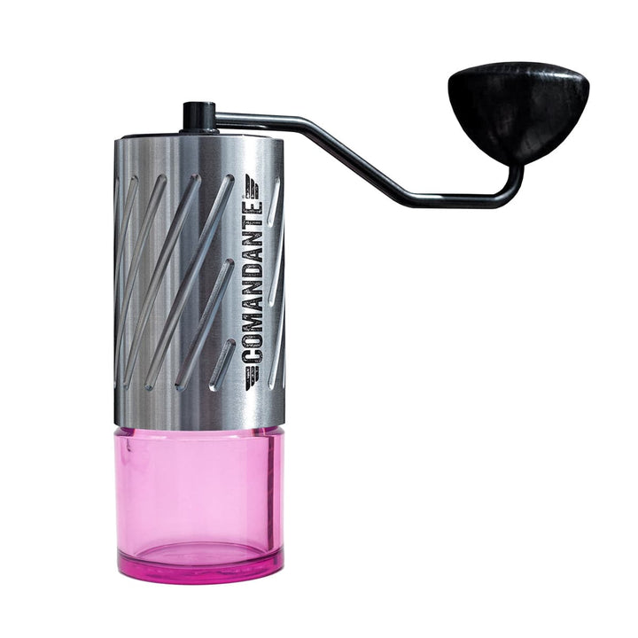 Comandante C60 Baracuda Coffee Grinder in Velvet Steel with pink bean jar and silver body on a white background