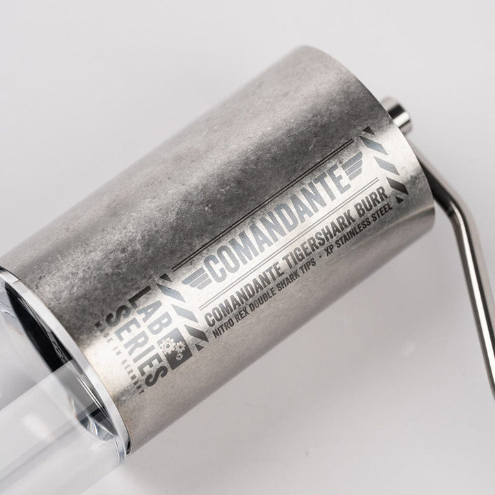 Side angle View of Comandante Lab Series C40 MK4 Tigershark Burr Manual Coffee Grinder