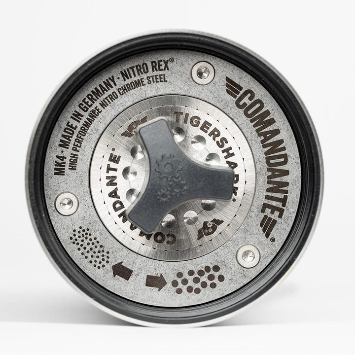 Bottom up view of Comandante Lab Series C40 MK4 Tigershark Burr Manual Coffee Grinder