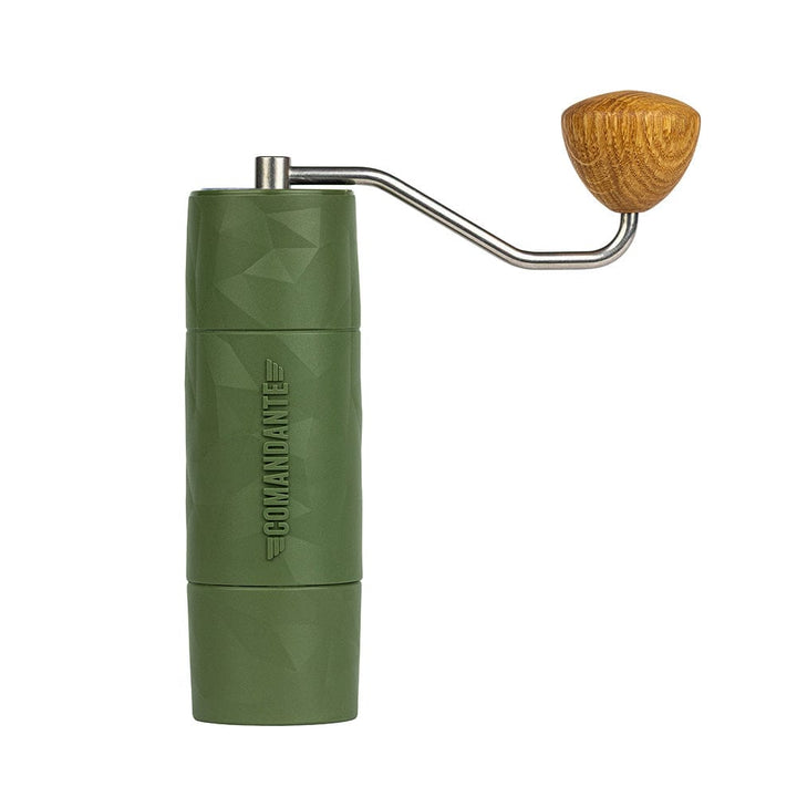 Comandante X25 Trailmaster Coffee Grinder in Forest Green with a wooden handle on a white background