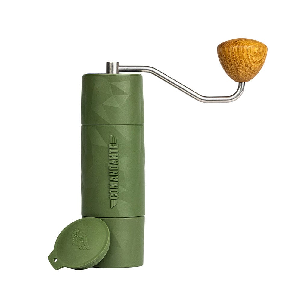 Comandante X25 Trailmaster Coffee Grinder in Forest Green with a wooden handle on a white background