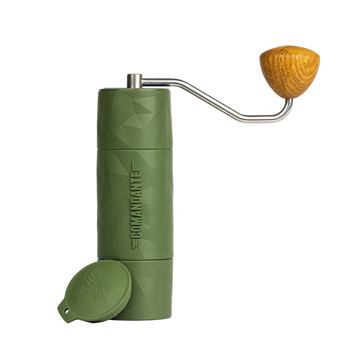 Comandante X25 Trailmaster Coffee Grinder in Forest Green with a wooden handle on a white background