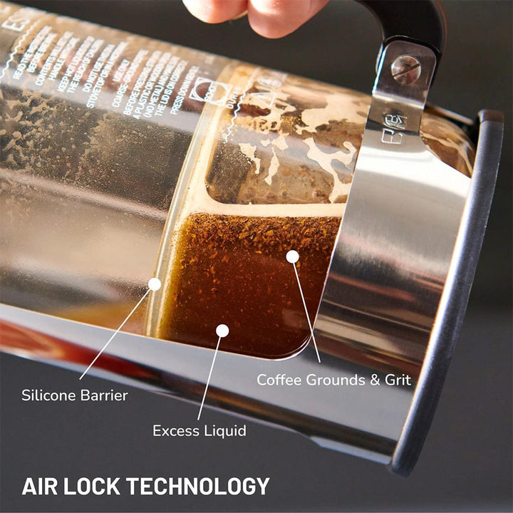 Close-up of an ESPRO P7 French Press Coffee Maker with labelled parts and text about air lock technology.
