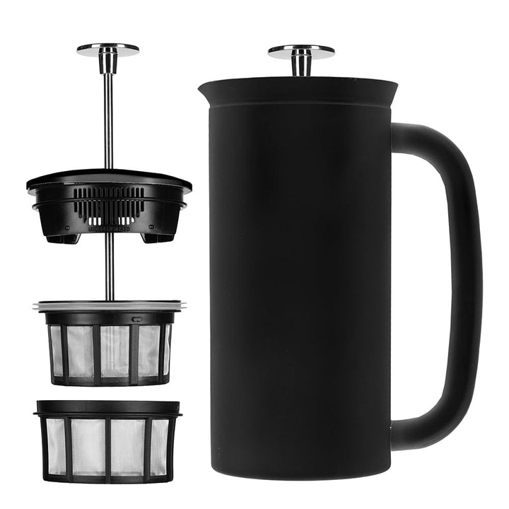 ESPRO P7 French Press Coffee Maker in Black with components on a white background