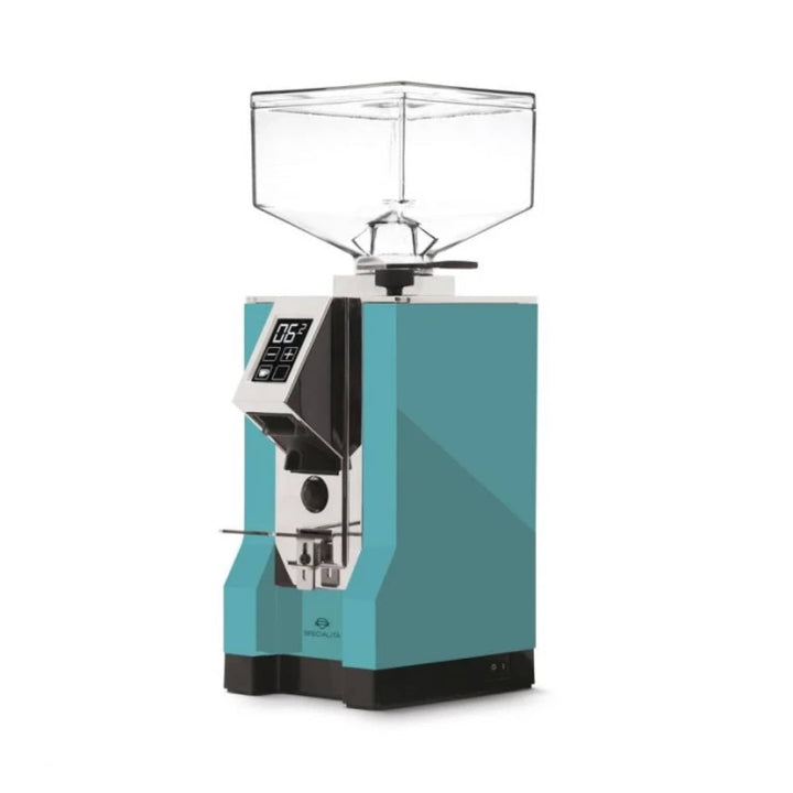 Eureka Mignon Specialita 55 espresso grinder in Tiffany Blue with chrome front panel
