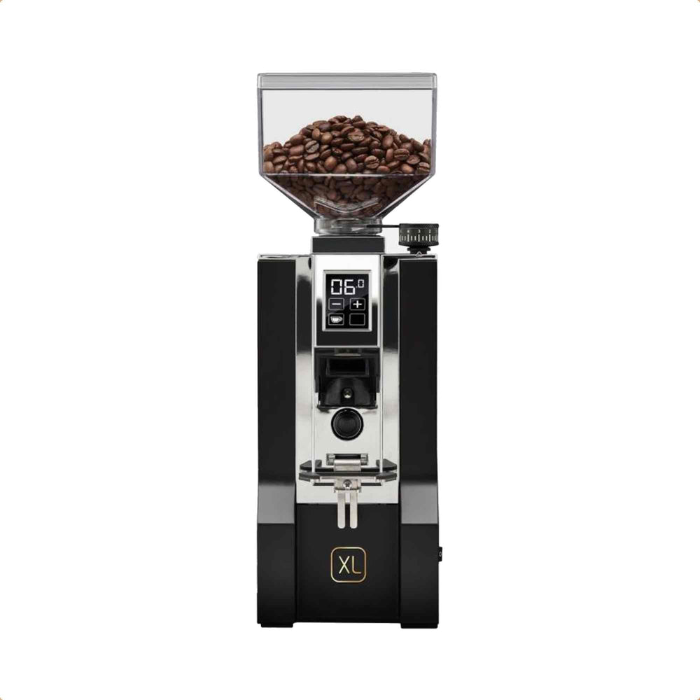 Eureka Mignon XL front view with touchscreen, chrome faceplate and full bean hopper
