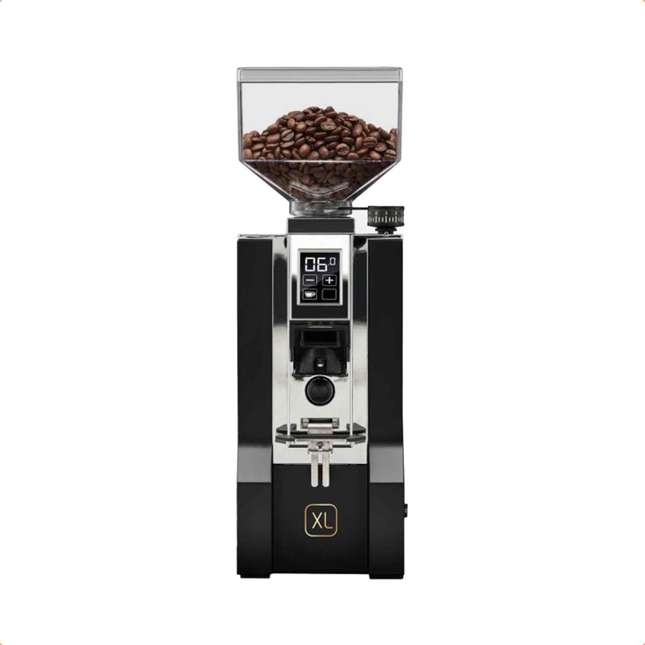Eureka Mignon XL front view with touchscreen, chrome faceplate and full bean hopper
