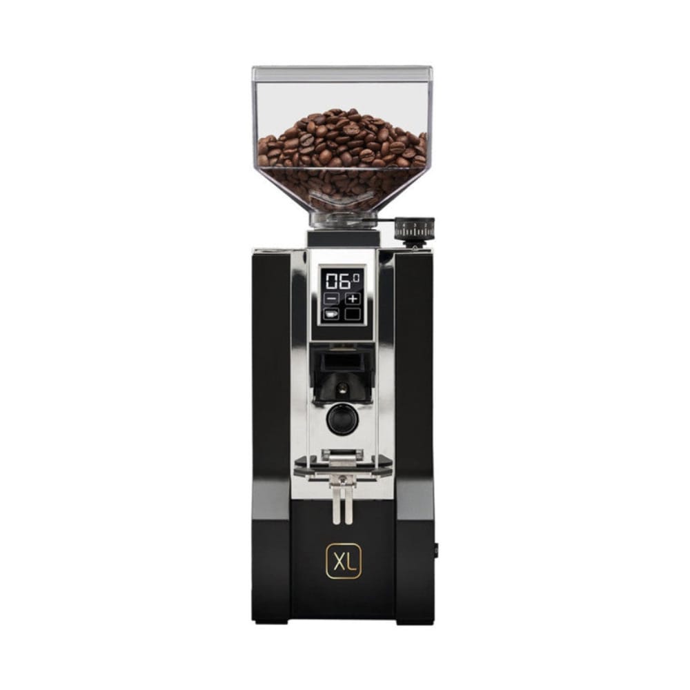 Eureka Oro Mignon XL 65 Coffee Grinder in Black with a clear container of coffee beans on a white background