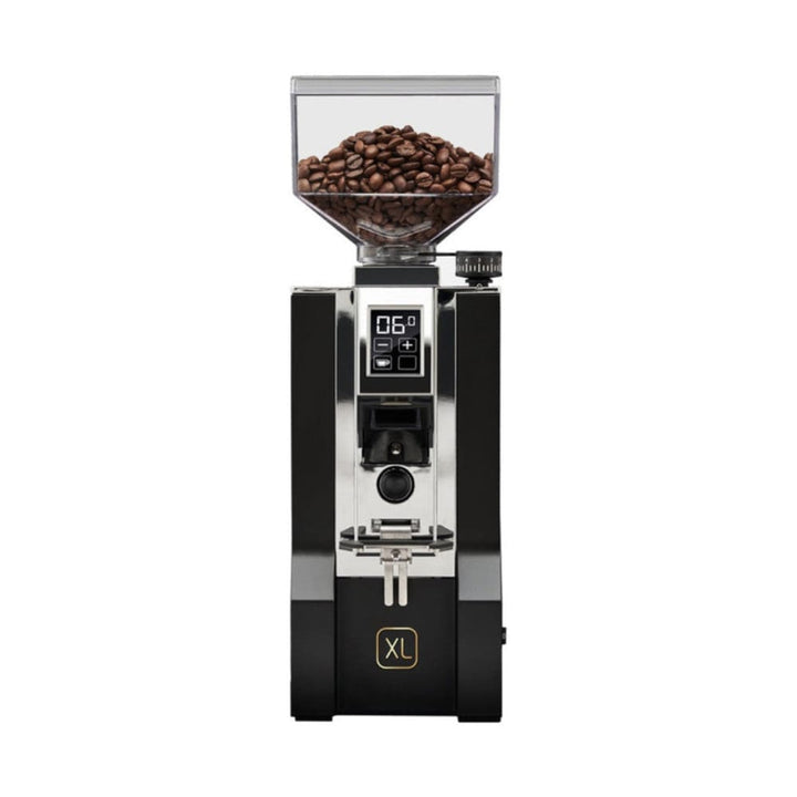 Eureka Oro Mignon XL 65 Coffee Grinder in Black with a clear container of coffee beans on a white background