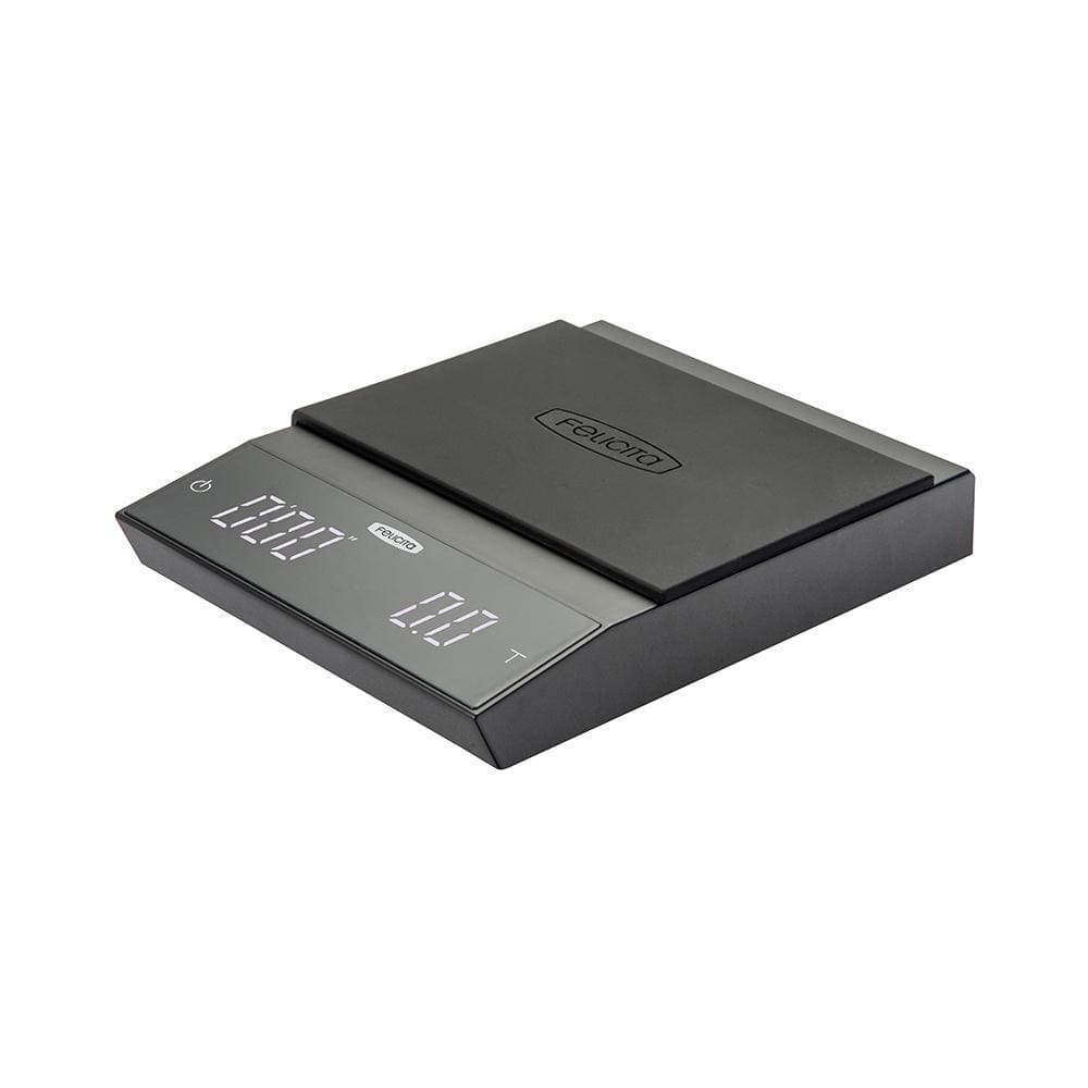 Felicita Incline Coffee Scale with a black and grey design on a white background