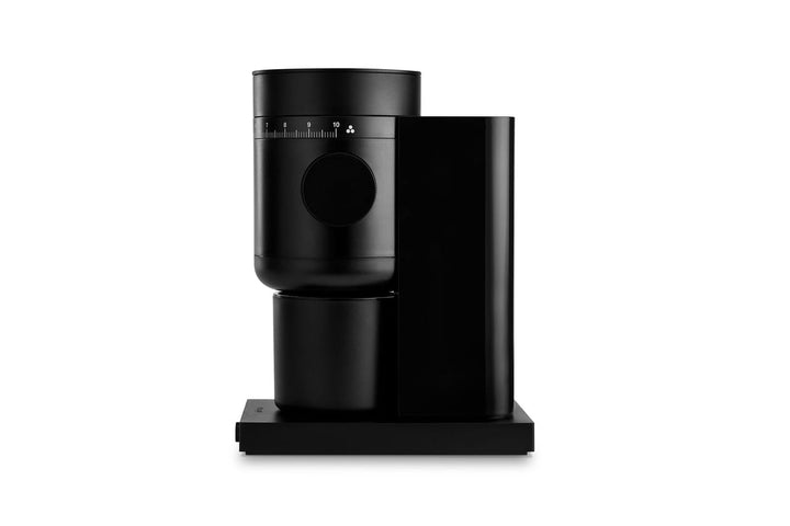 Fellow Opus 2 conical burr coffee grinder with its magnetic catch cup