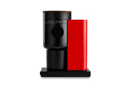 Fellow Opus 2 coffee grinder in Cherry Red with a walnut lid