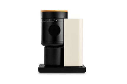 Fellow Opus 2 coffee grinder in Sesame with a maple wood lid