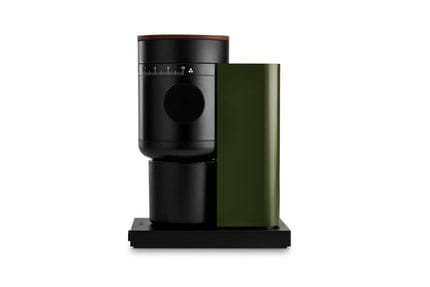 Fellow Opus 2 coffee grinder in Woodland green with a walnut lid